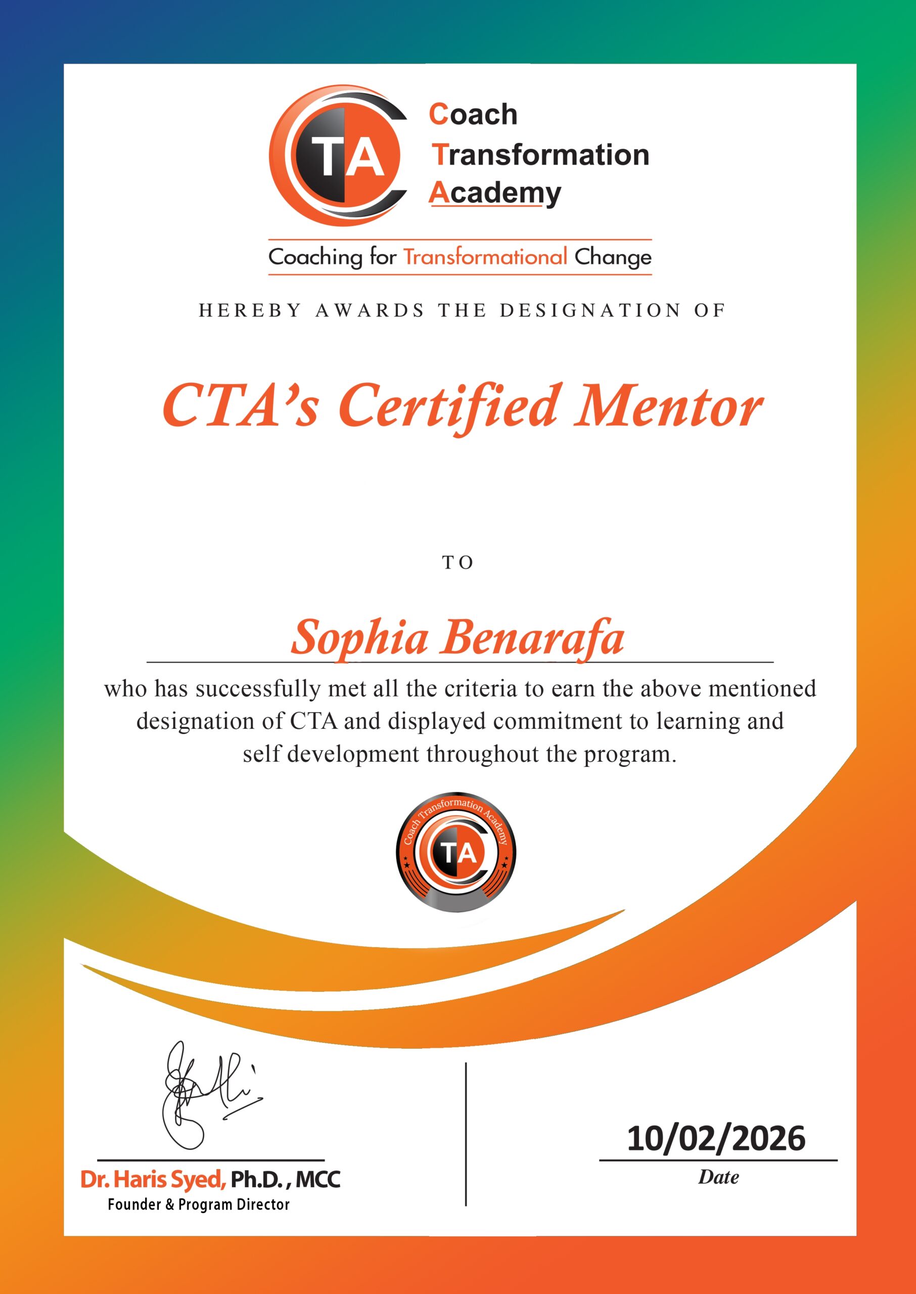 Sophia Benarafa’s certified business mentor certificate