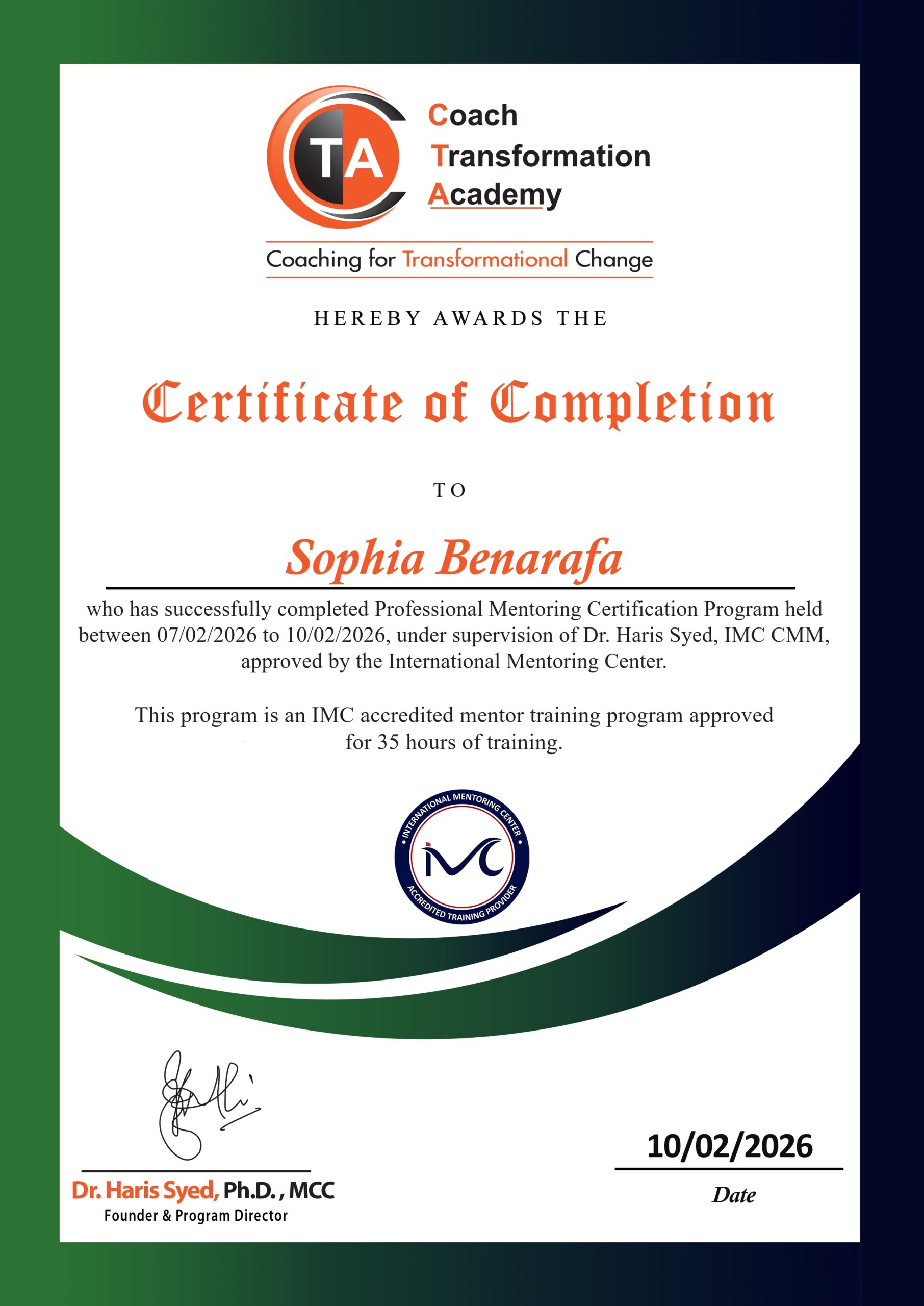 Sophia Benarafa’s Professional Mentor Coaching (PMC) completion certificate