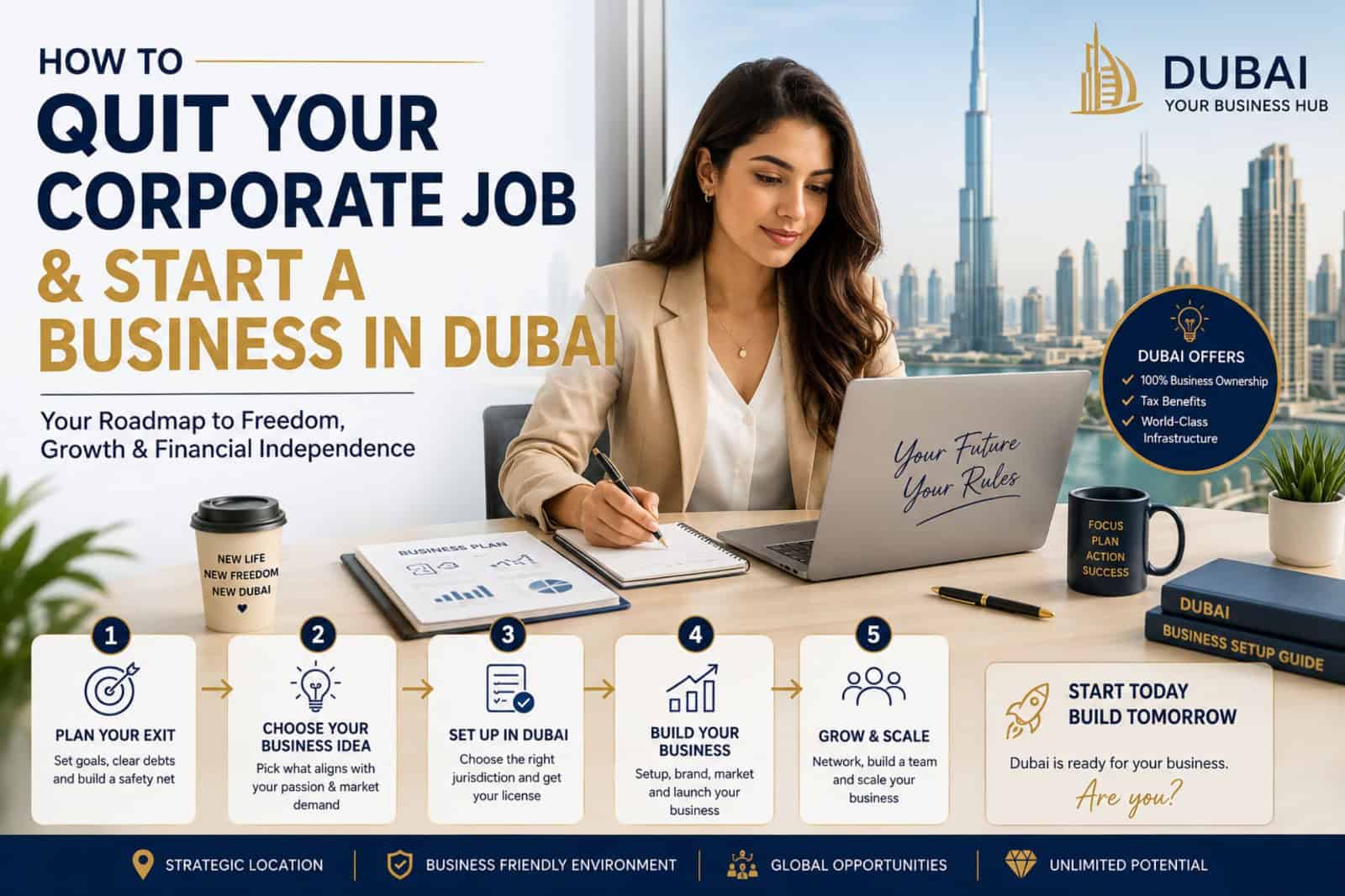 Infographic: how to quit your corporate job and start a business in Dubai in five steps, from planning your exit to growing and scaling