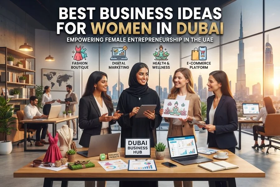 "Women entrepreneurs discussing business ideas in Dubai with Burj Khalifa in background."